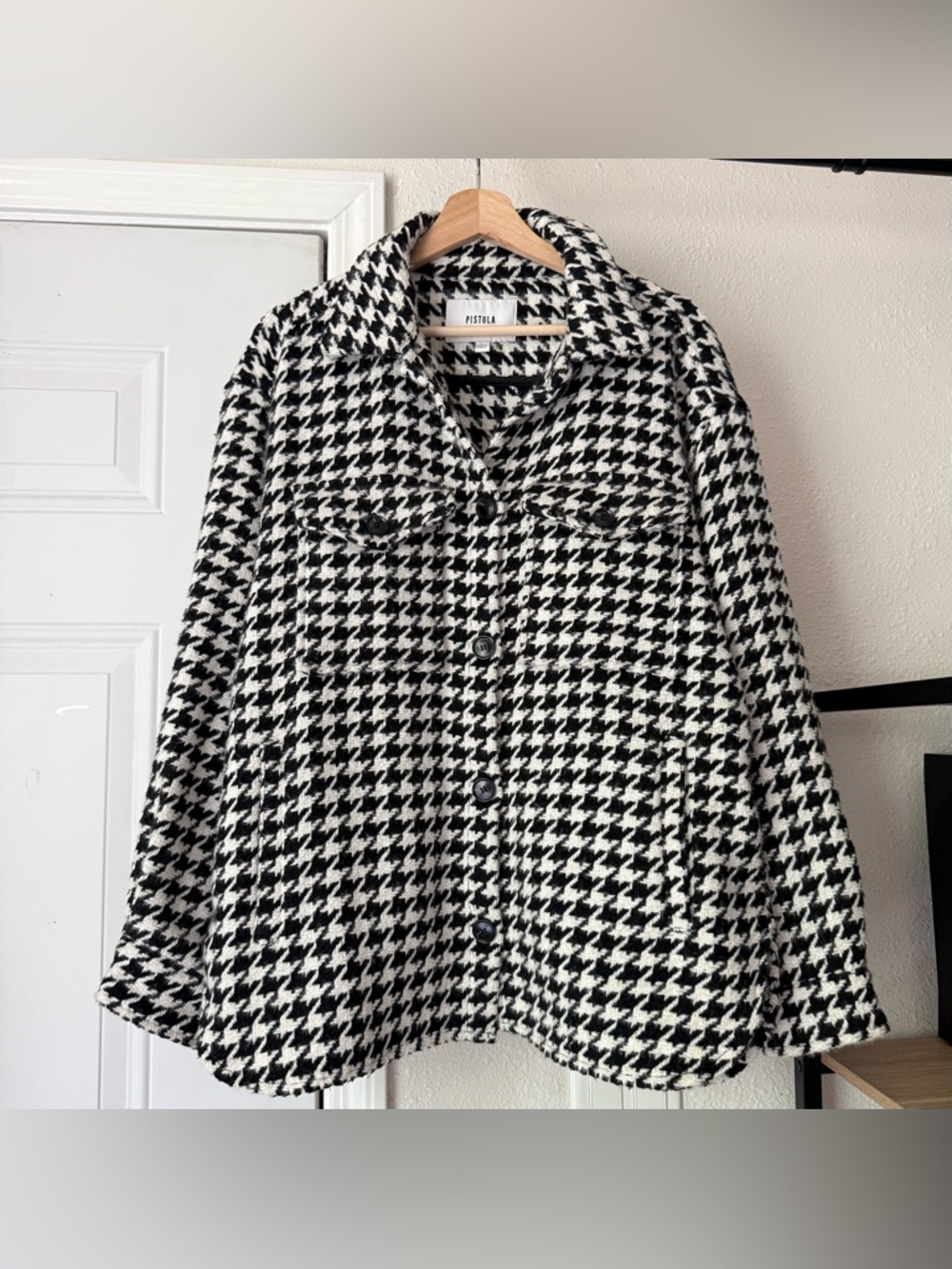 PISTOLA black and white houndstooth plaid wool button up long sleeve jacket coat